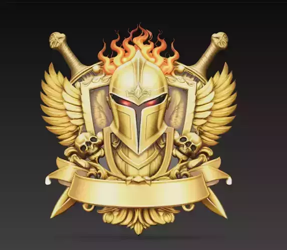 Flaming Knight Helm Winged Shield Fantasy Wall Relief 3D Arts