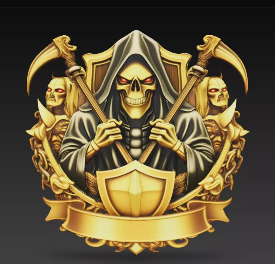 Golden Reaper Skull Crest With Dual Scythes And Shield 3D print model