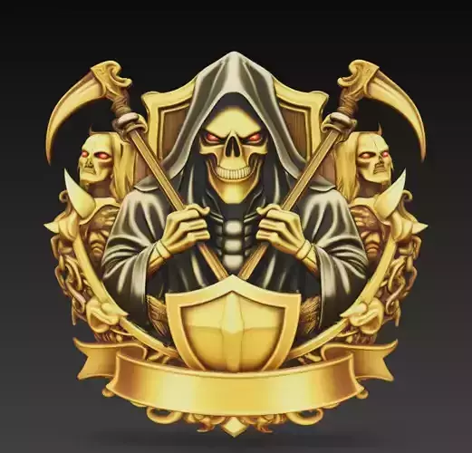 Golden Reaper Skull Crest With Dual Scythes And Shield