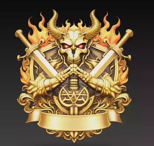 Infernal Horned Skull Crest With Swords and Sigil Gold Art