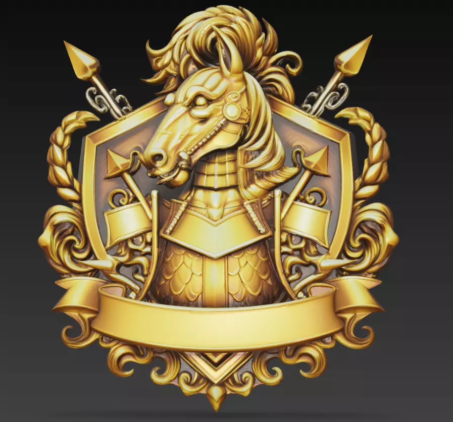 Golden Armored Horse Knight Crest With Shield And Banner 3D print model