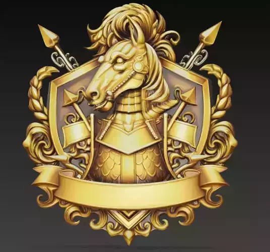 Golden Armored Horse Knight Crest With Shield And Banner
