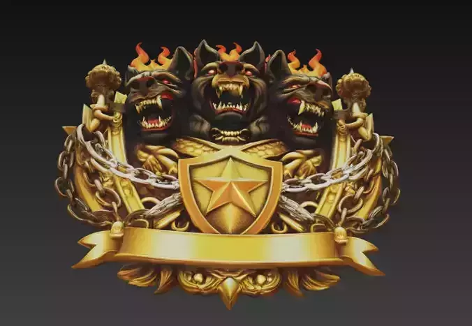 Triple Hellhound Skull Crest With Chains and Flame Shield