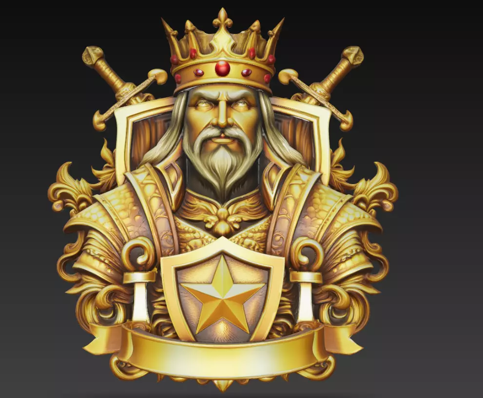 Golden King Shield Crest With Crowned Warrior Portrait Emblem 3D print model