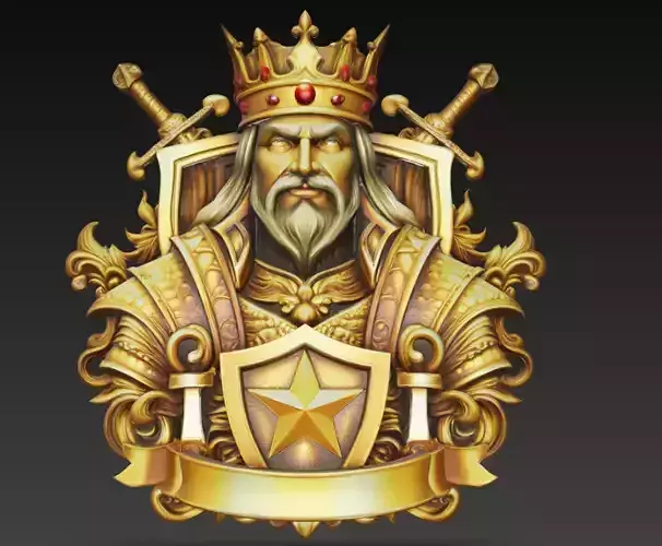 Golden King Shield Crest With Crowned Warrior Portrait Emblem