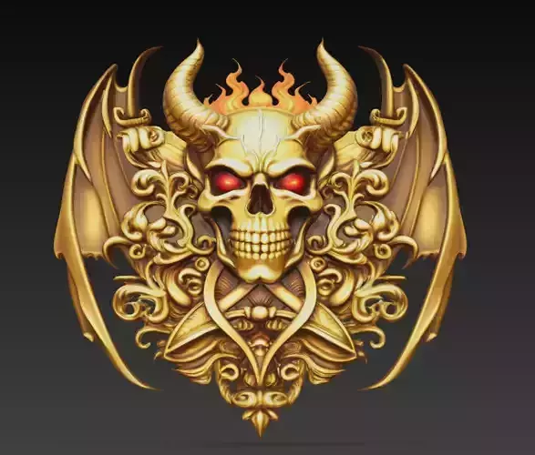 Golden Demon Skull Crest With Horns And Bat Wings Emblem Art