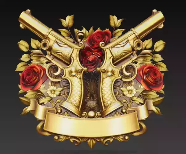 Golden Dual Pistols Rose Crest Luxury Baroque Emblem Art