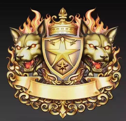 Twin Wolf Fire Crest Royal Shield Baroque Emblem Gold