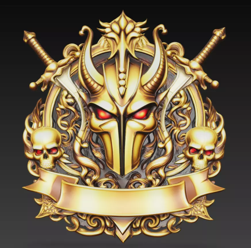 Infernal Horned Knight Crest Skull Emblem Baroque Gold Art 3D print model
