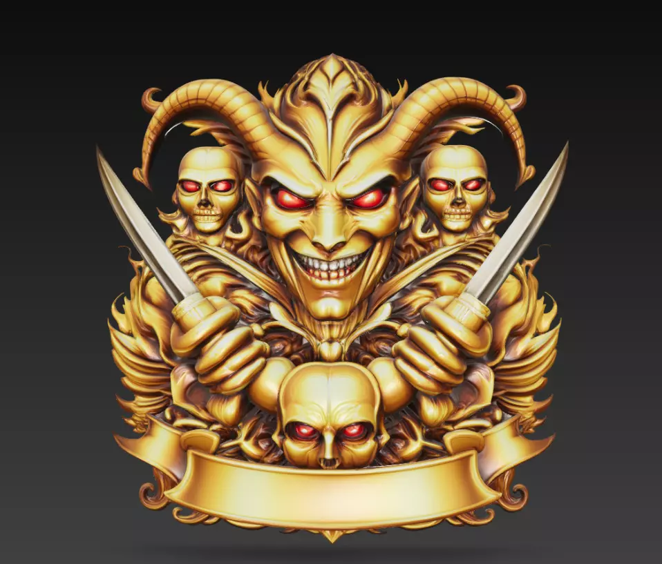 Golden Demon Skull Dagger Crest Dark Fantasy Wall Emblem 3D print model