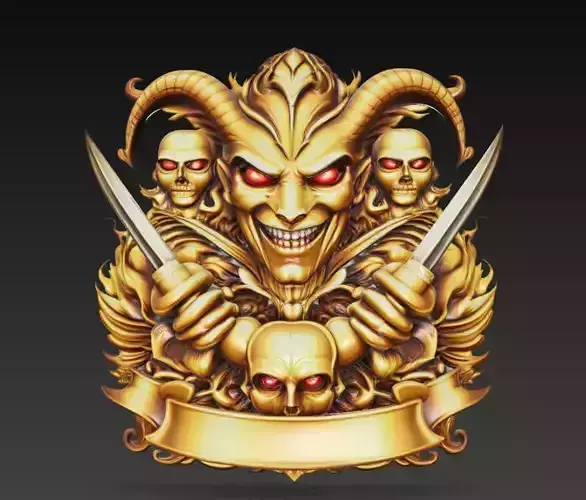 Golden Demon Skull Dagger Crest Dark Fantasy Wall Emblem
