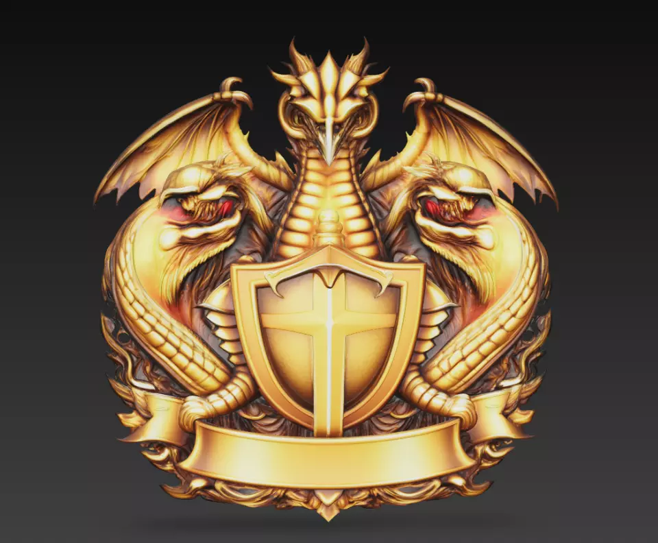 Golden Dragon Cross Crest Fantasy Wall Emblem High Detail 3D print model