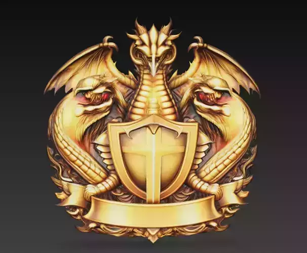 Golden Dragon Cross Crest Fantasy Wall Emblem High Detail