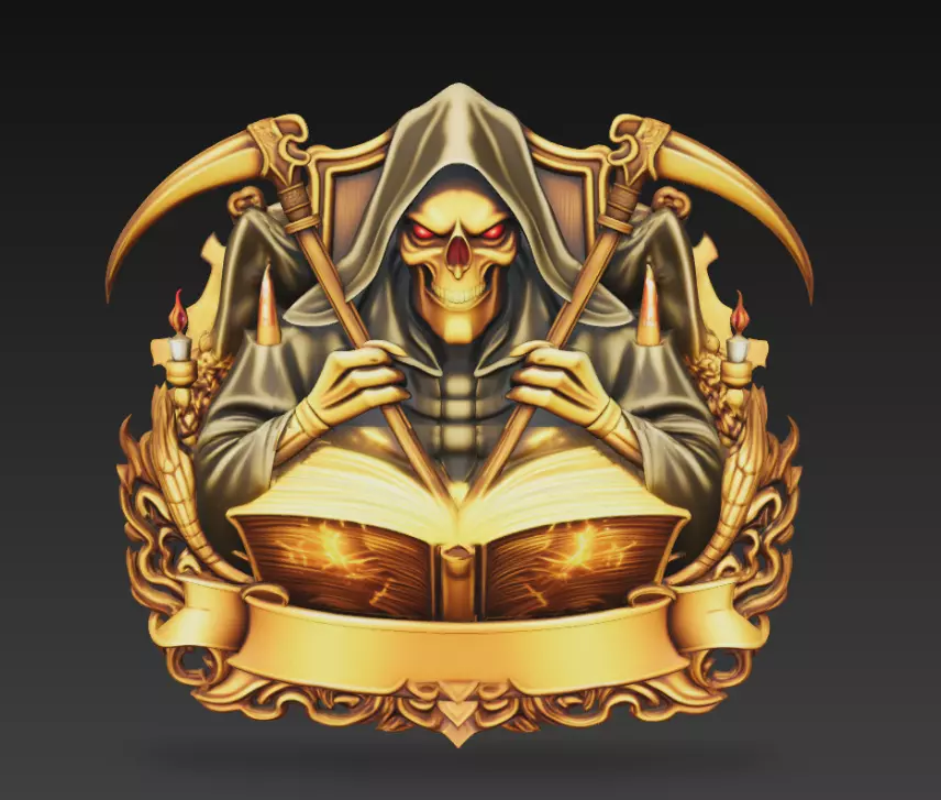 Grim Reaper Spellbook Crest Dark Fantasy Wall Emblem 3D 3D print model