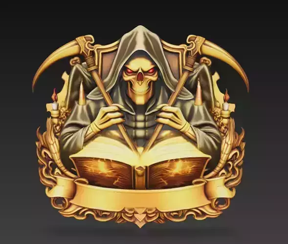 Grim Reaper Spellbook Crest Dark Fantasy Wall Emblem 3D