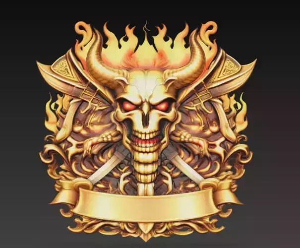 Golden Demon Skull Crest Fantasy Wall Relief Emblem 3D