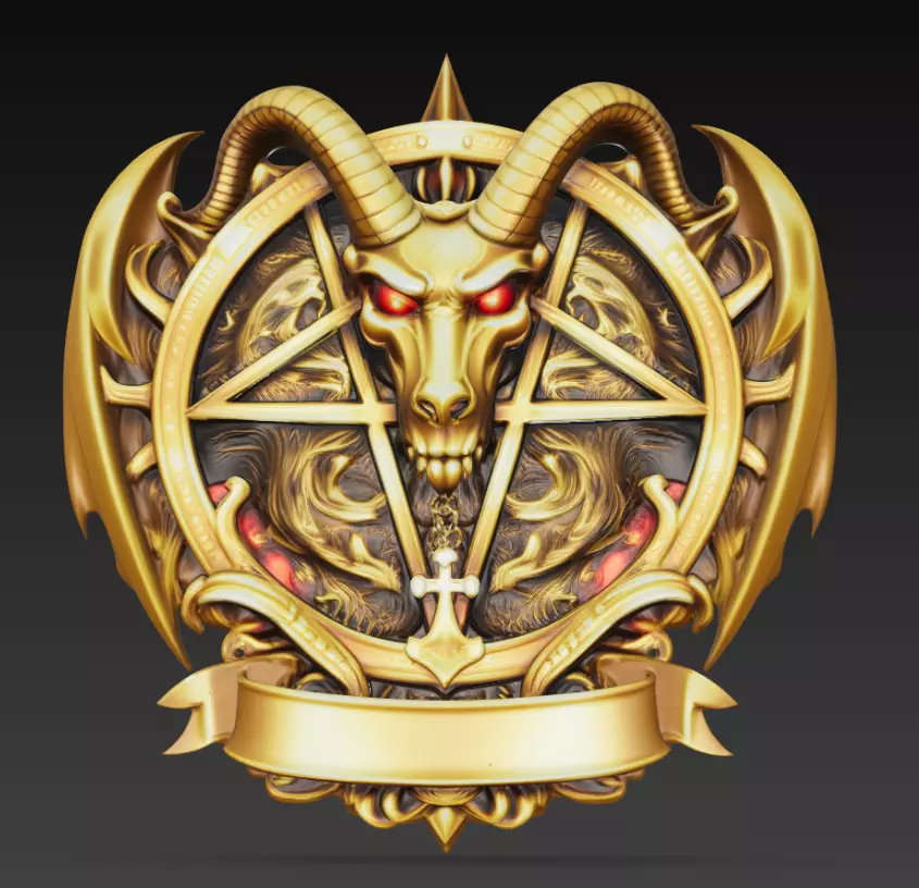 Golden Horned Demon Pentagram Crest Fantasy Wall Relief 3D print model