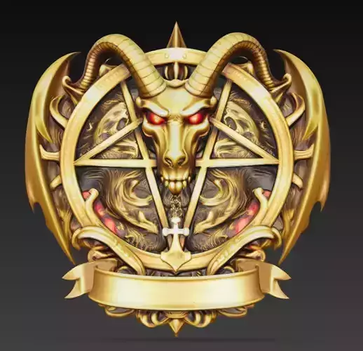 Golden Horned Demon Pentagram Crest Fantasy Wall Relief