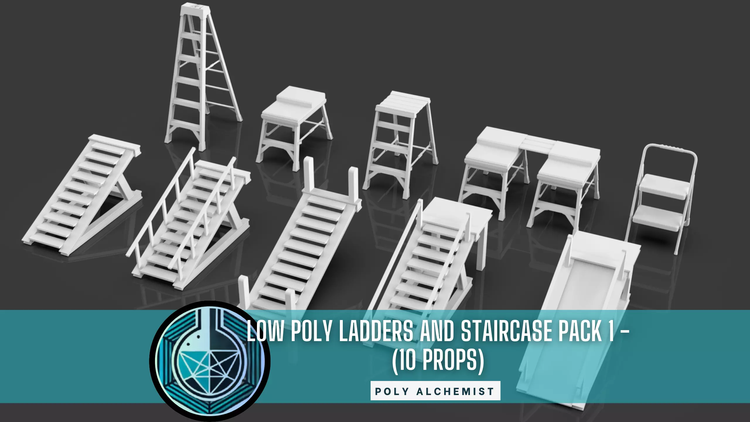 Low Poly Ladders And Staircase Pack -1 - 10 Props Low-poly 3D model