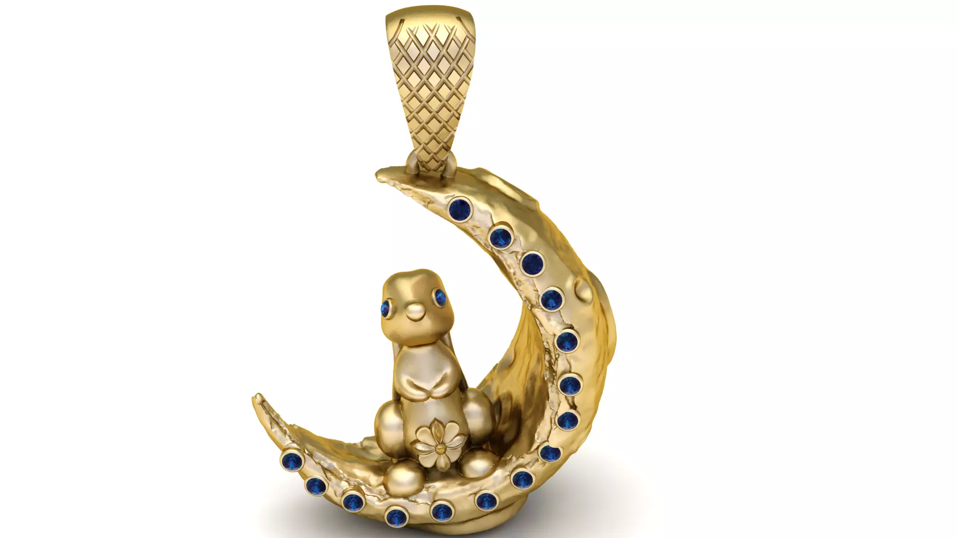 Title Gold Pendant Crescent Moon with Blue Gemstones and Cute 3D print model