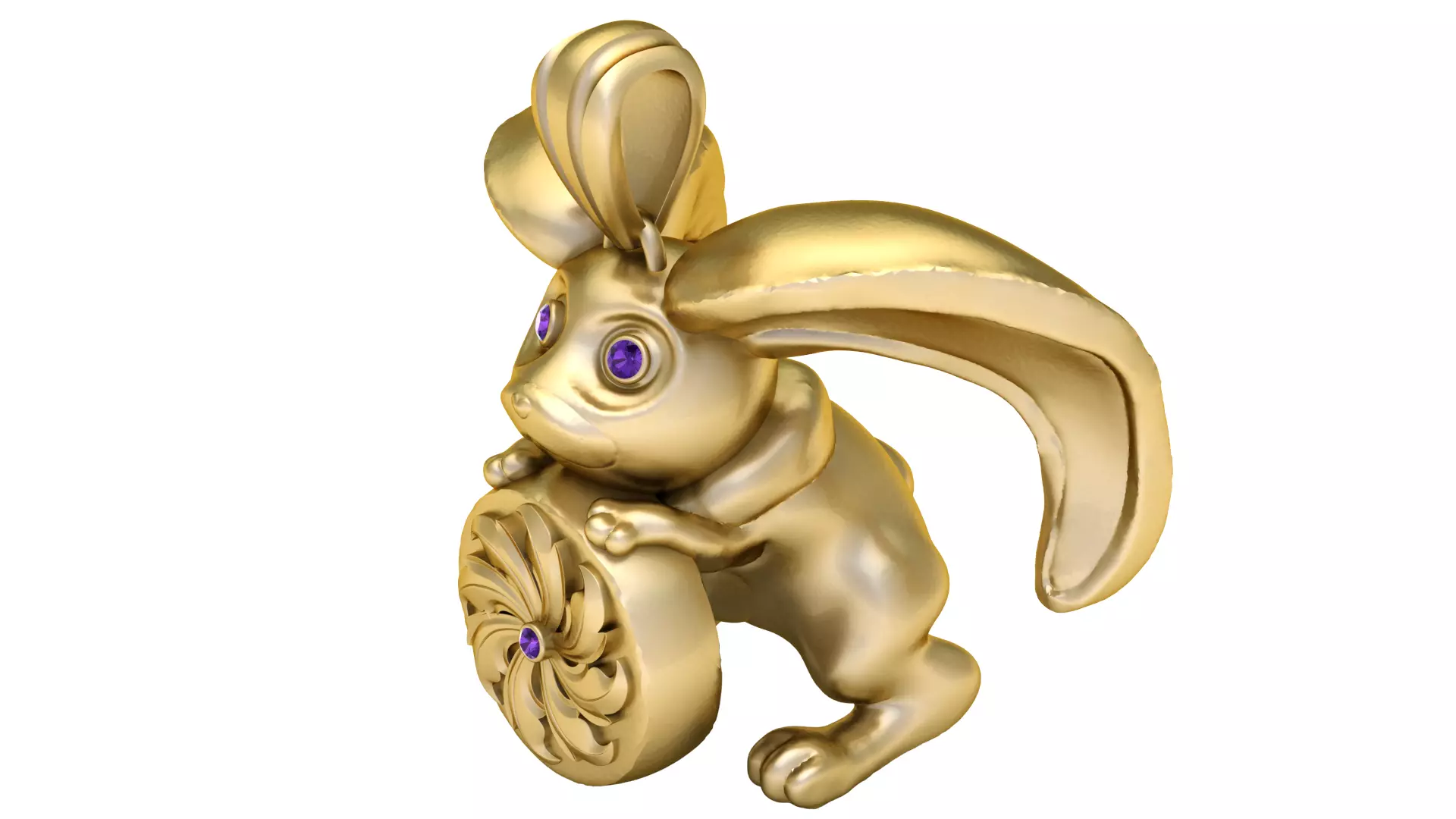 Title3D Gold Pendant - Bunny with Swirling Wheel and Purple Gems 3D print model