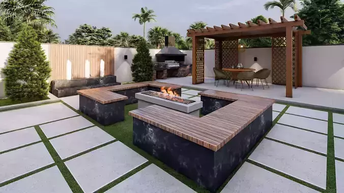 Small Modern Villa Backyard Design Pergola Fire Pit