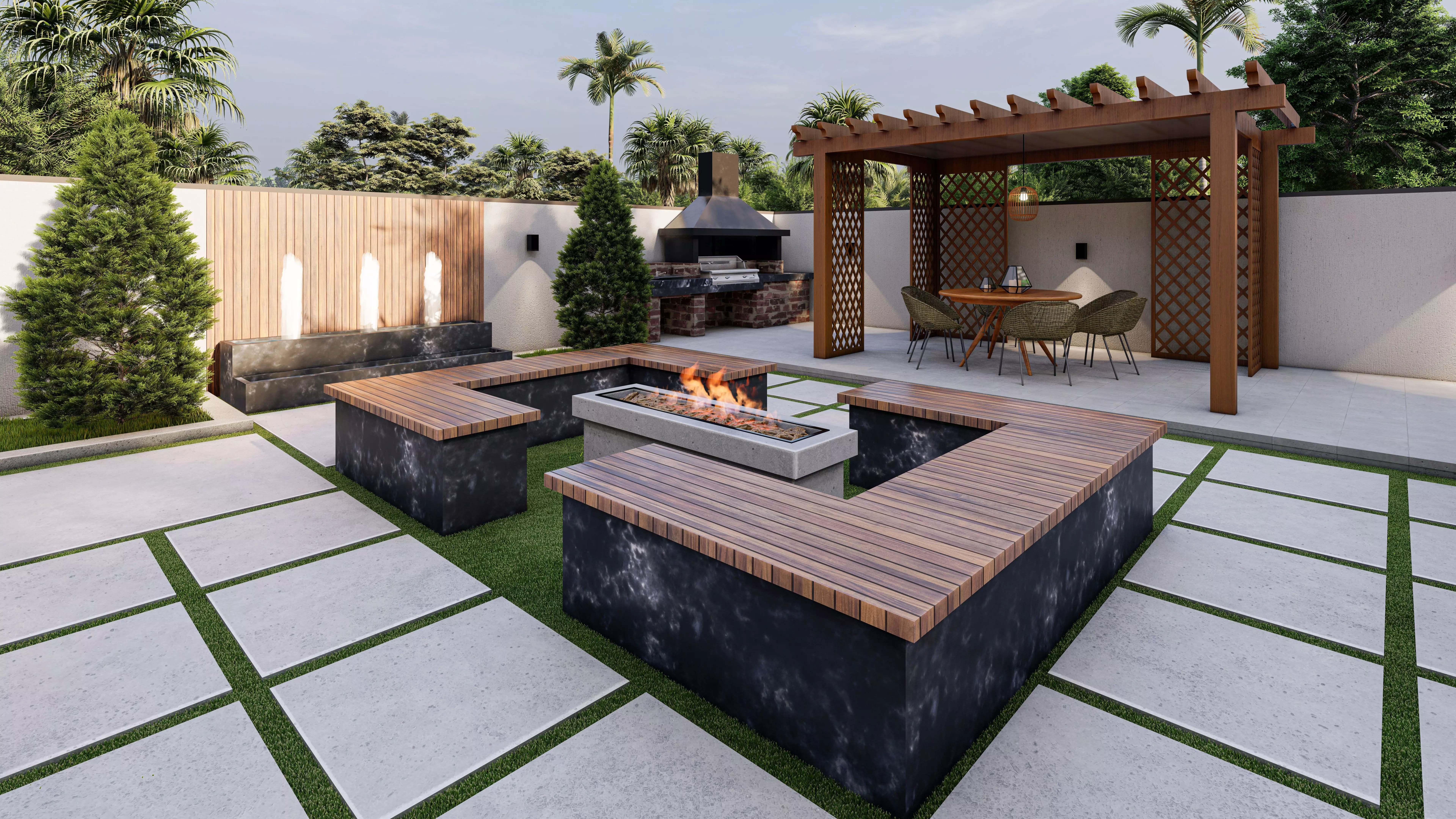 Small Modern Villa Backyard Design Pergola Fire Pit 3D model