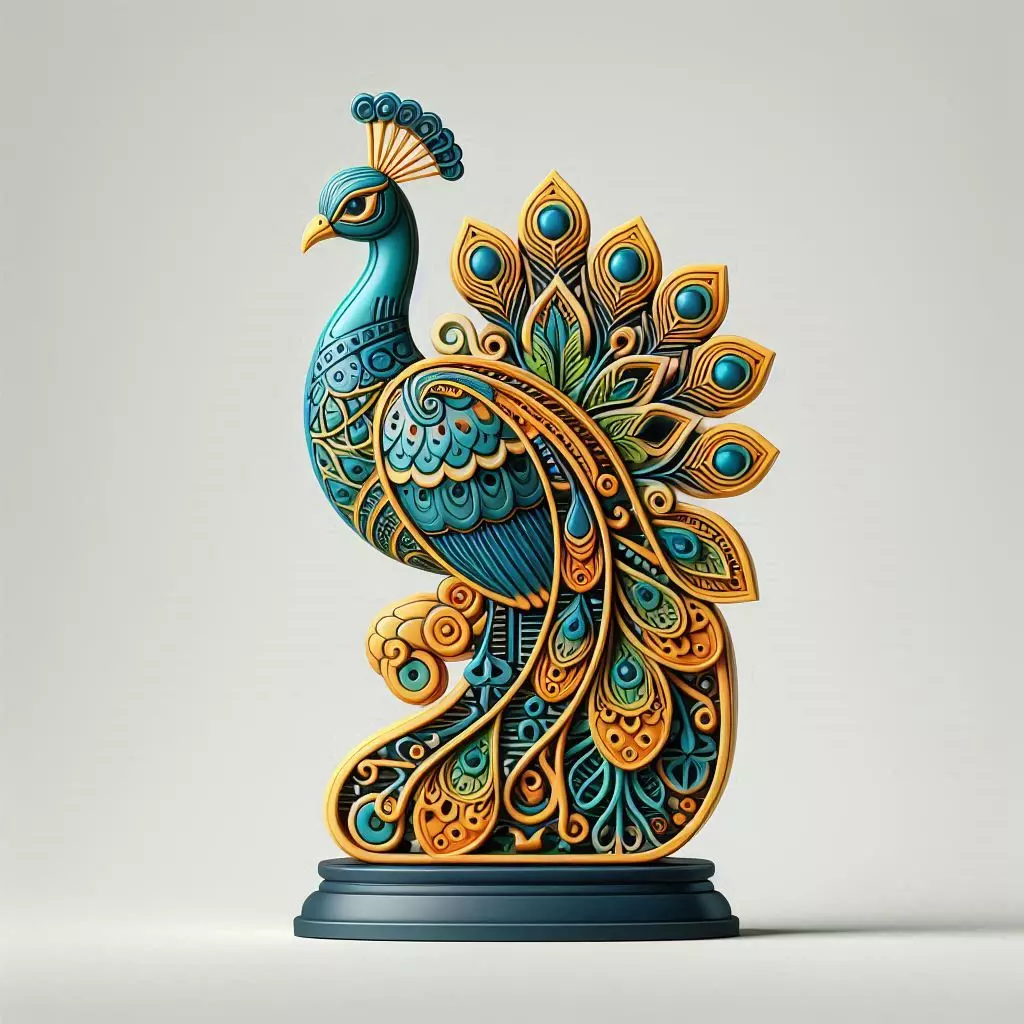3455 Colorful 3D Model of a Peacock on Base Totem STL 3D print model