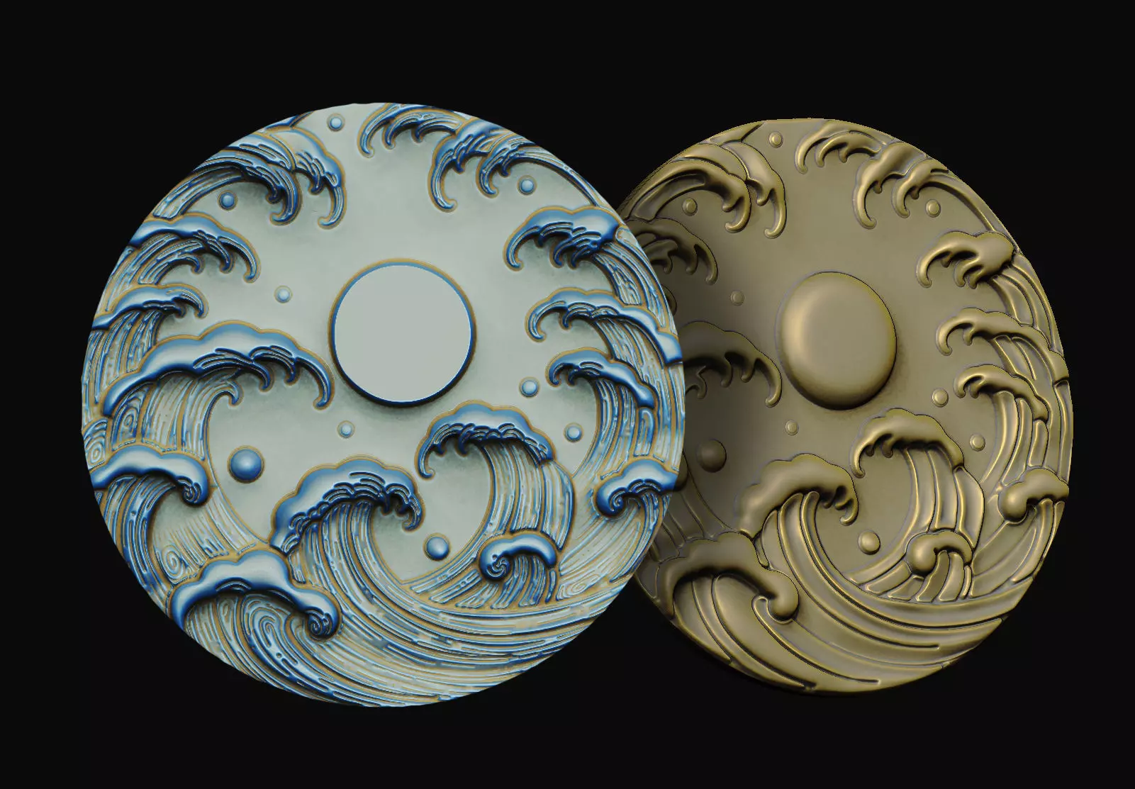 2 versions circular curves wall coin design waves debossed art 3D print model