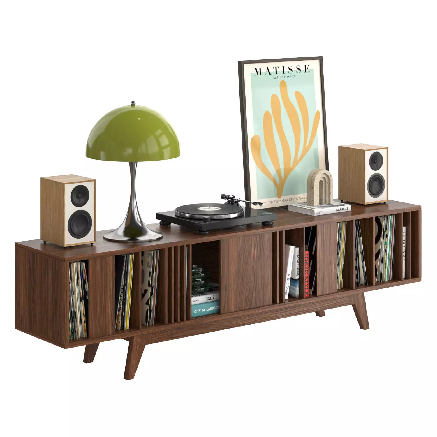 Oak shelving with vinyl record player and records 3D model