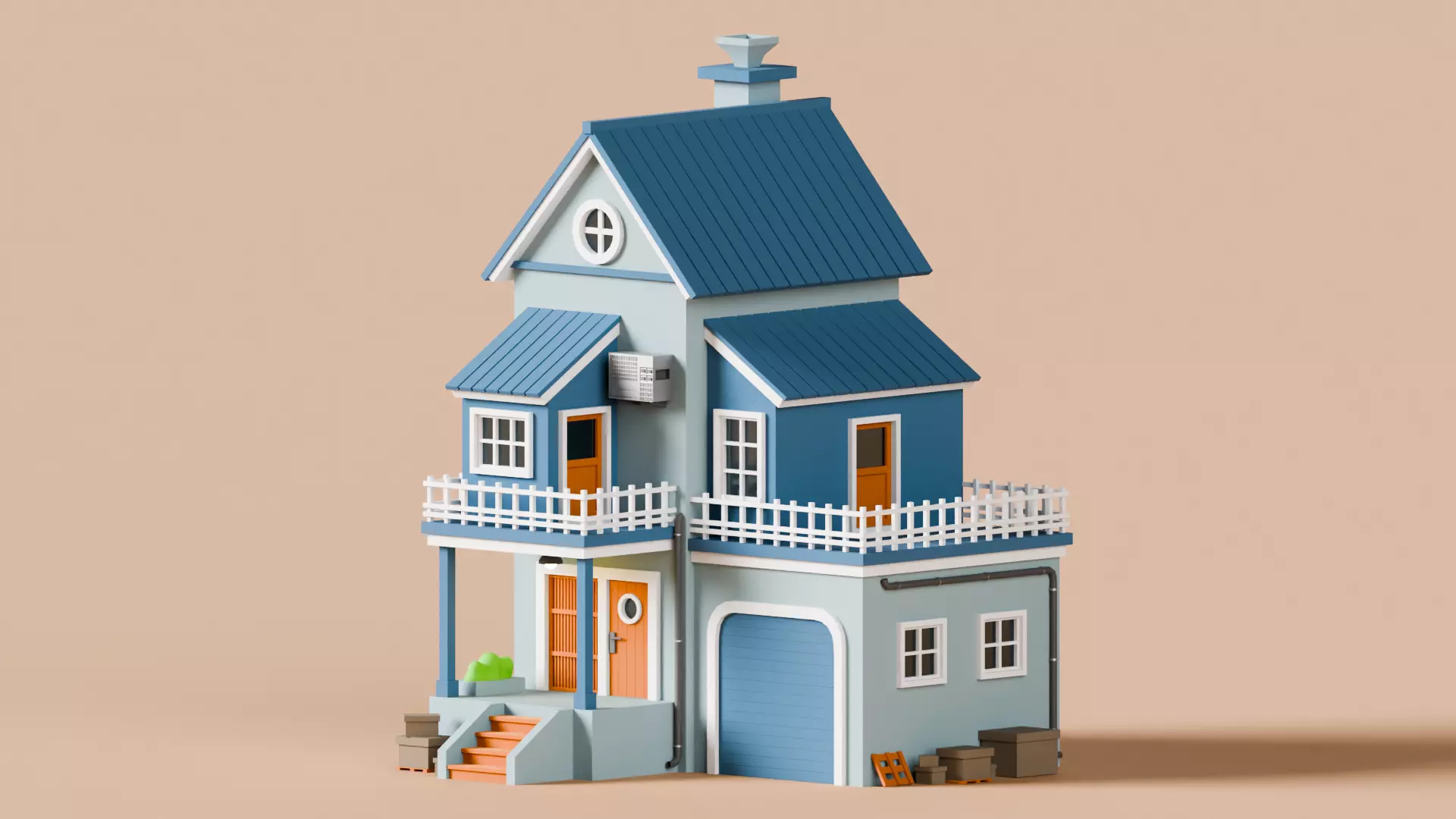 Stylized Two Story House Low-poly 3D model