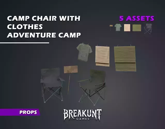 Camp chair with clothes - 5 assets -  Adventure Camp