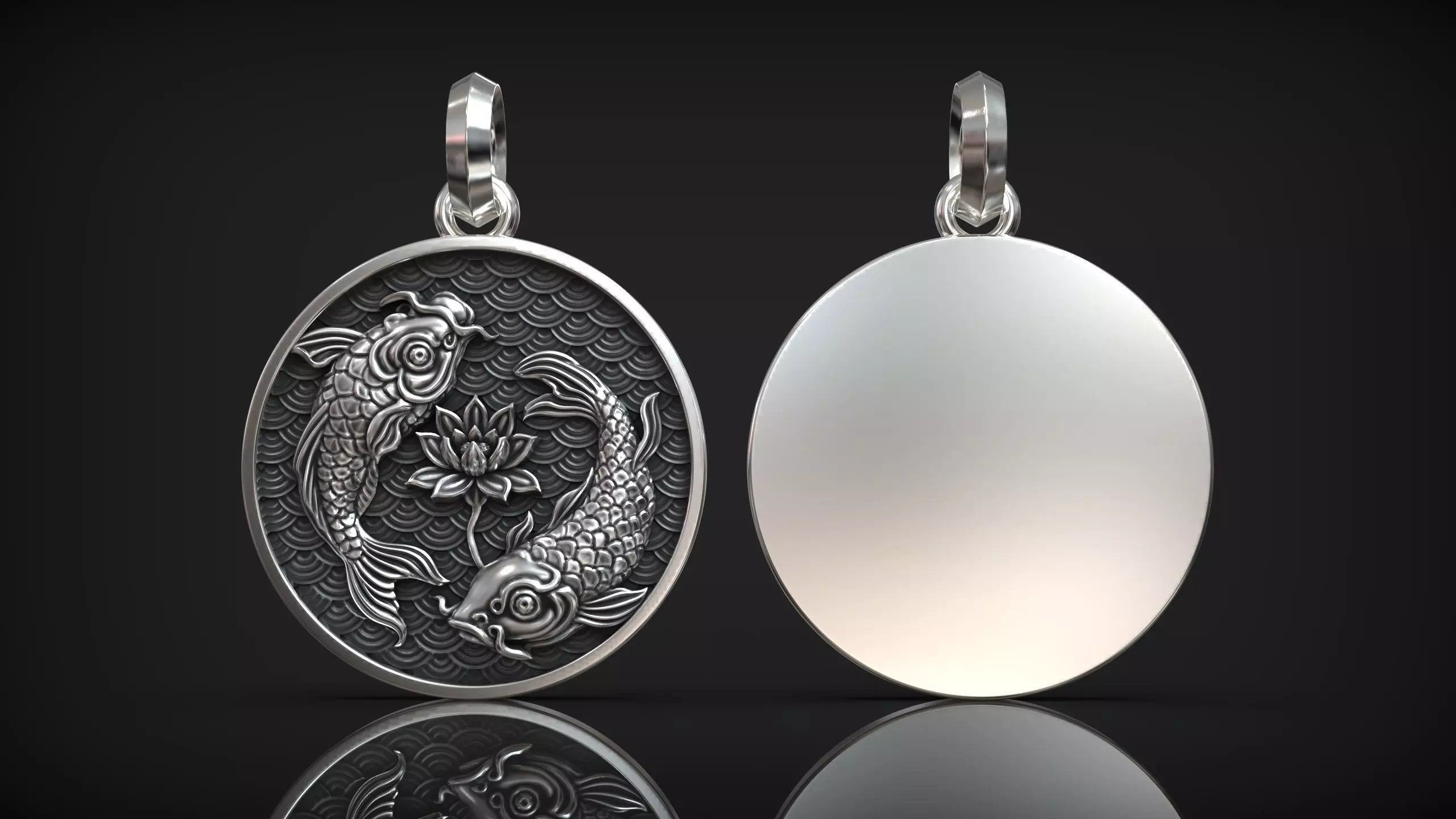 Japanese Koi Carp Fish Pendant Round Medal with Waves 3D print model