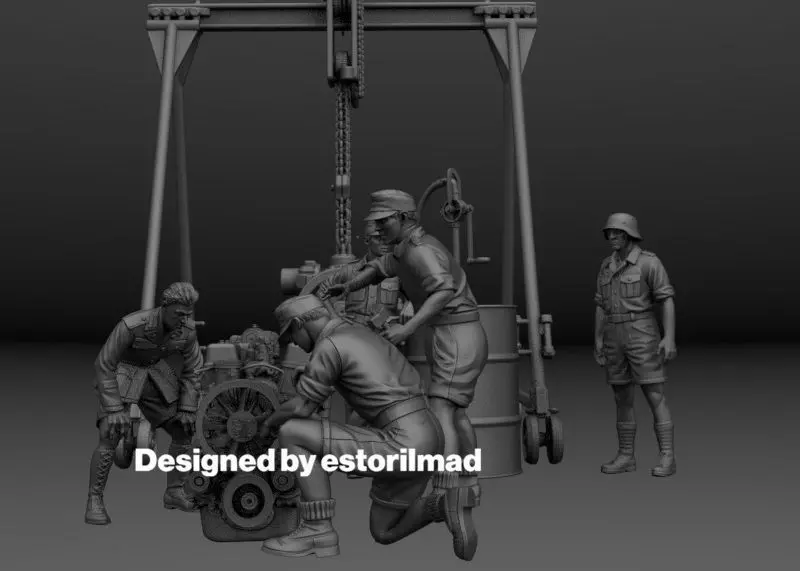 WW2 MECANICOS ALEMANES CON GRUA Y MOTOR MAYBACH HL 120 3D print model