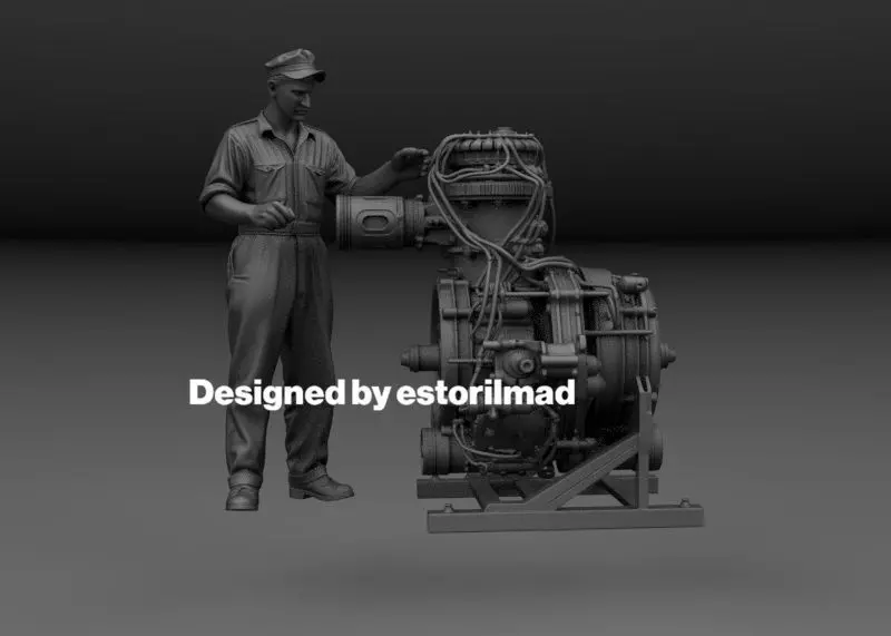 WW2 AMERICAN MECHANIC WITH SHERMAN CONTINENTAL R 975 ENGINE 3D print model