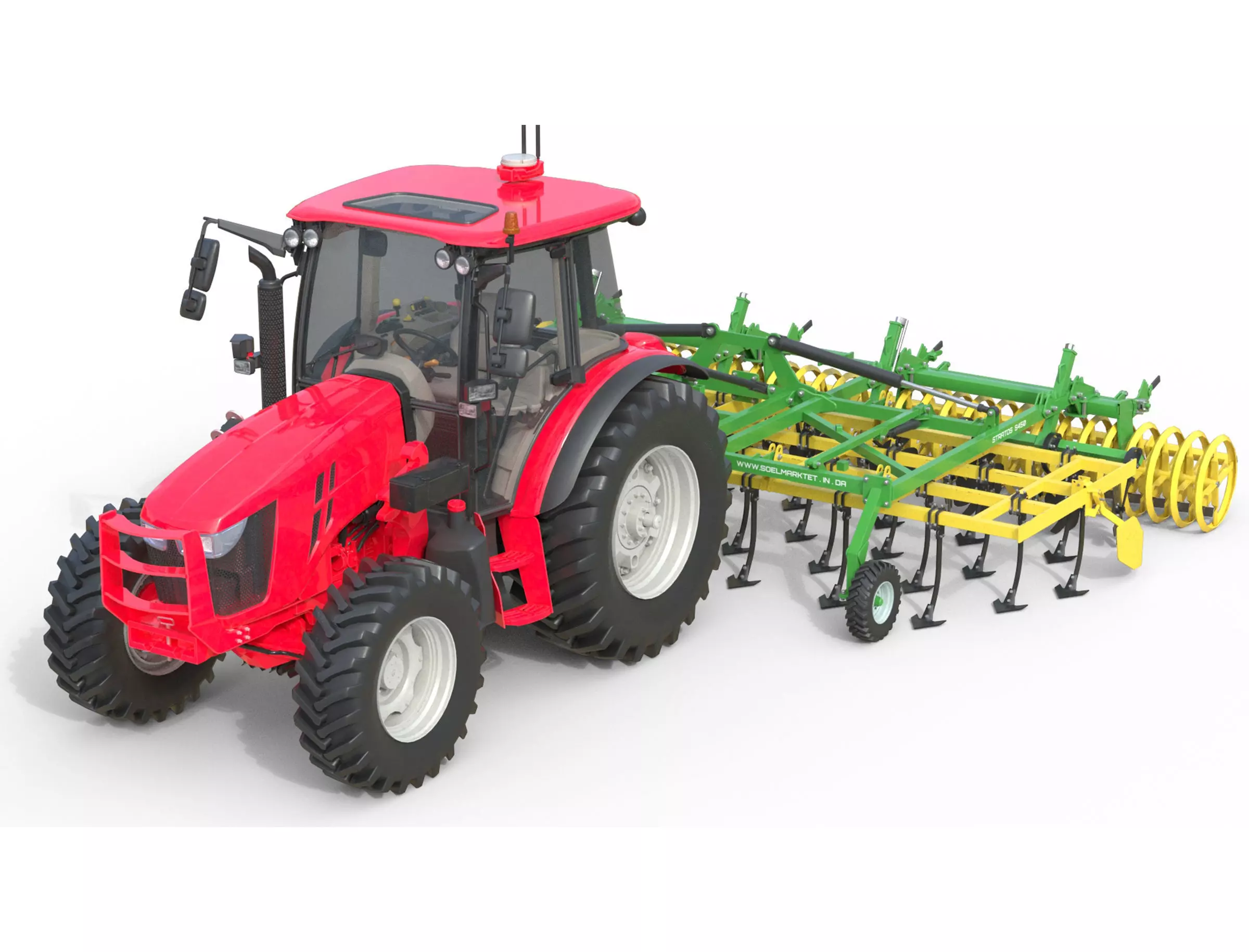 Tractor and Agricultural Cultivator Low-poly 3D model