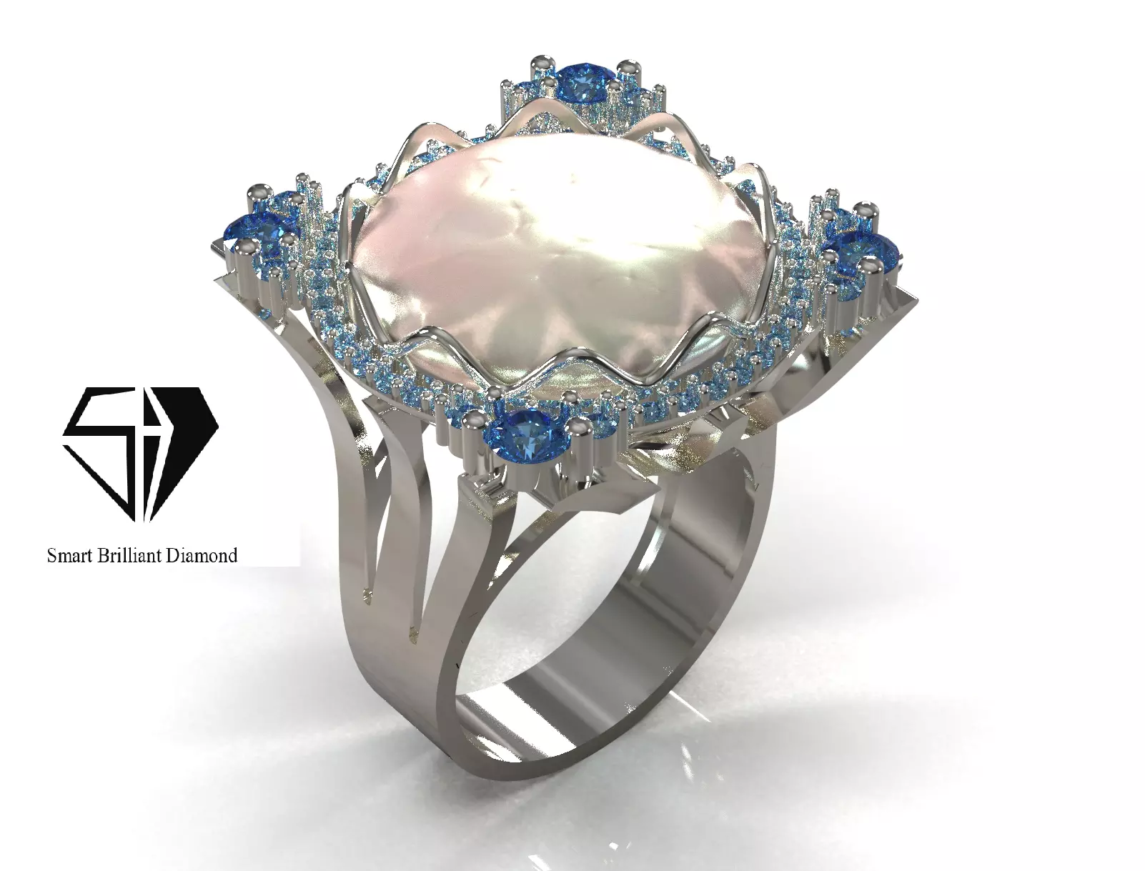 Royal Pearl Sapphire Halo Ring 3D Printable CAD Model jr00369 3D print model
