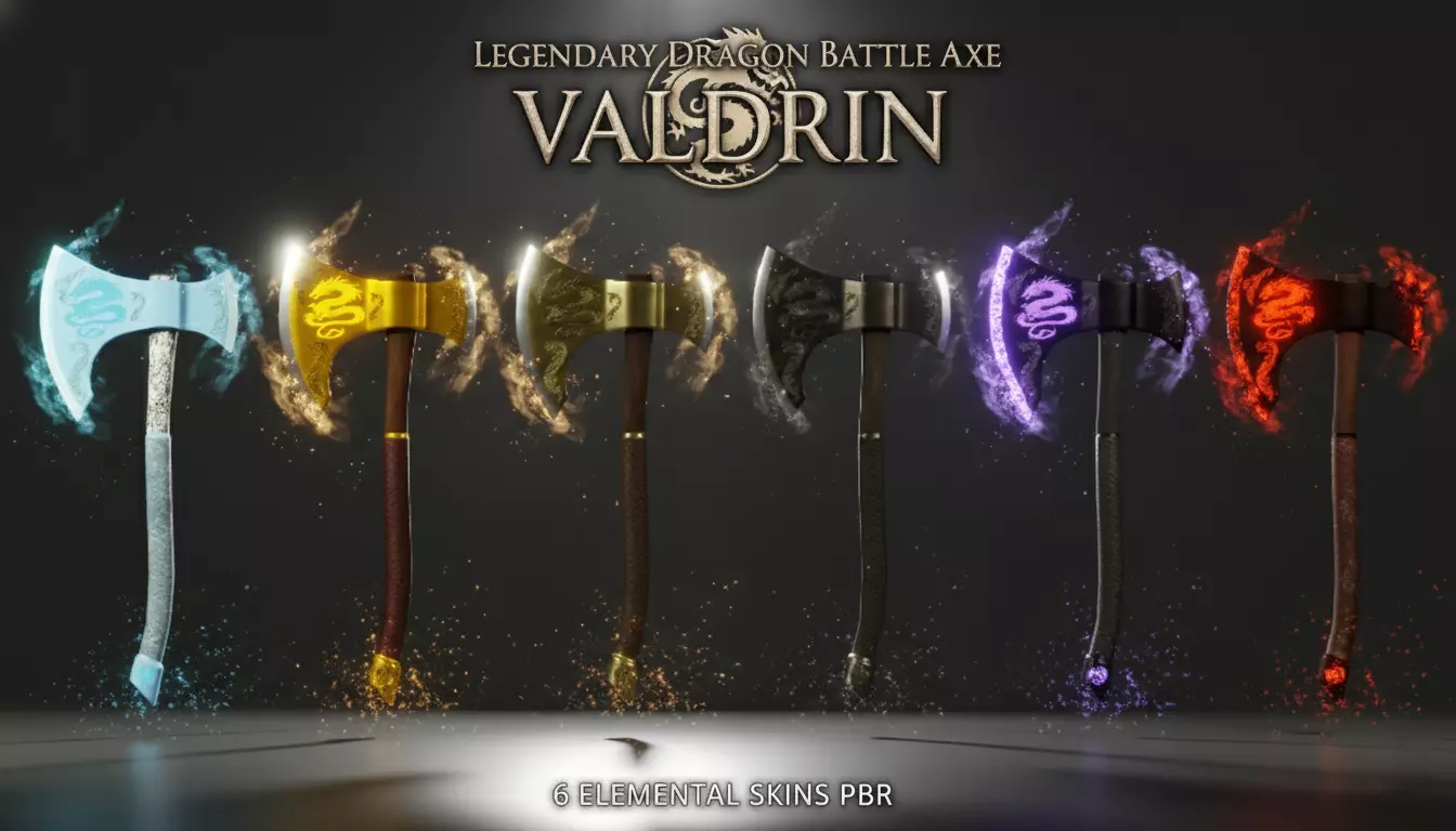 Legendary Dragon Battle Axe Valdrin - 6 Elemental Skins Low-poly 3D model