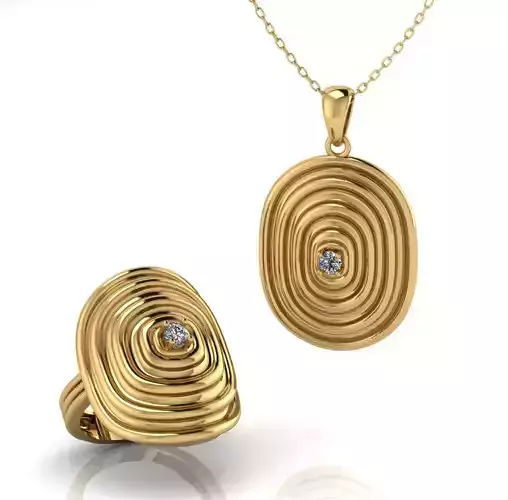 Organic Concentric Oval Diamond Pendant Ring Set