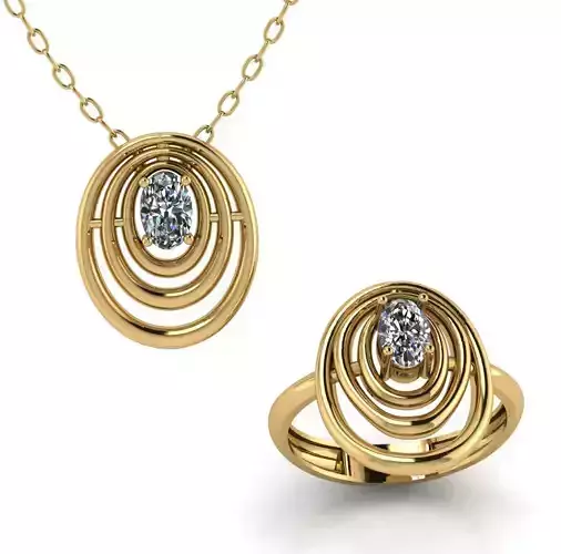 Modern Concentric Oval Diamond Pendant Ring Set