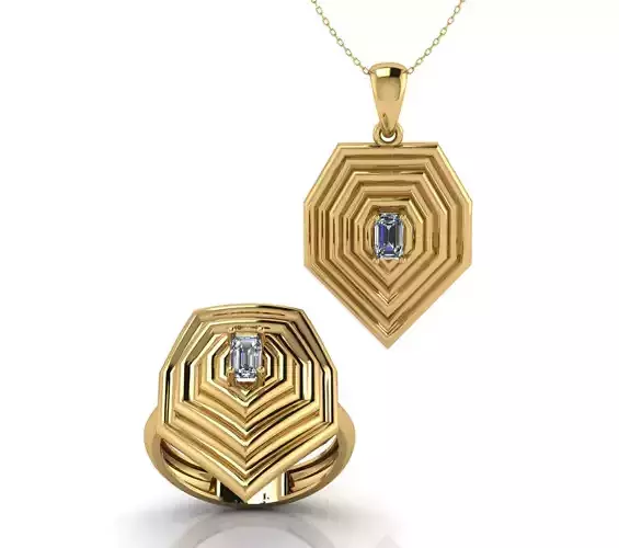 Art Deco Stepped Octagon Emerald Cut Pendant Ring Set