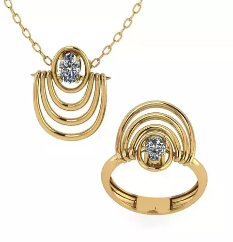 Art Deco Layered U Shape Diamond Pendant Ring Set