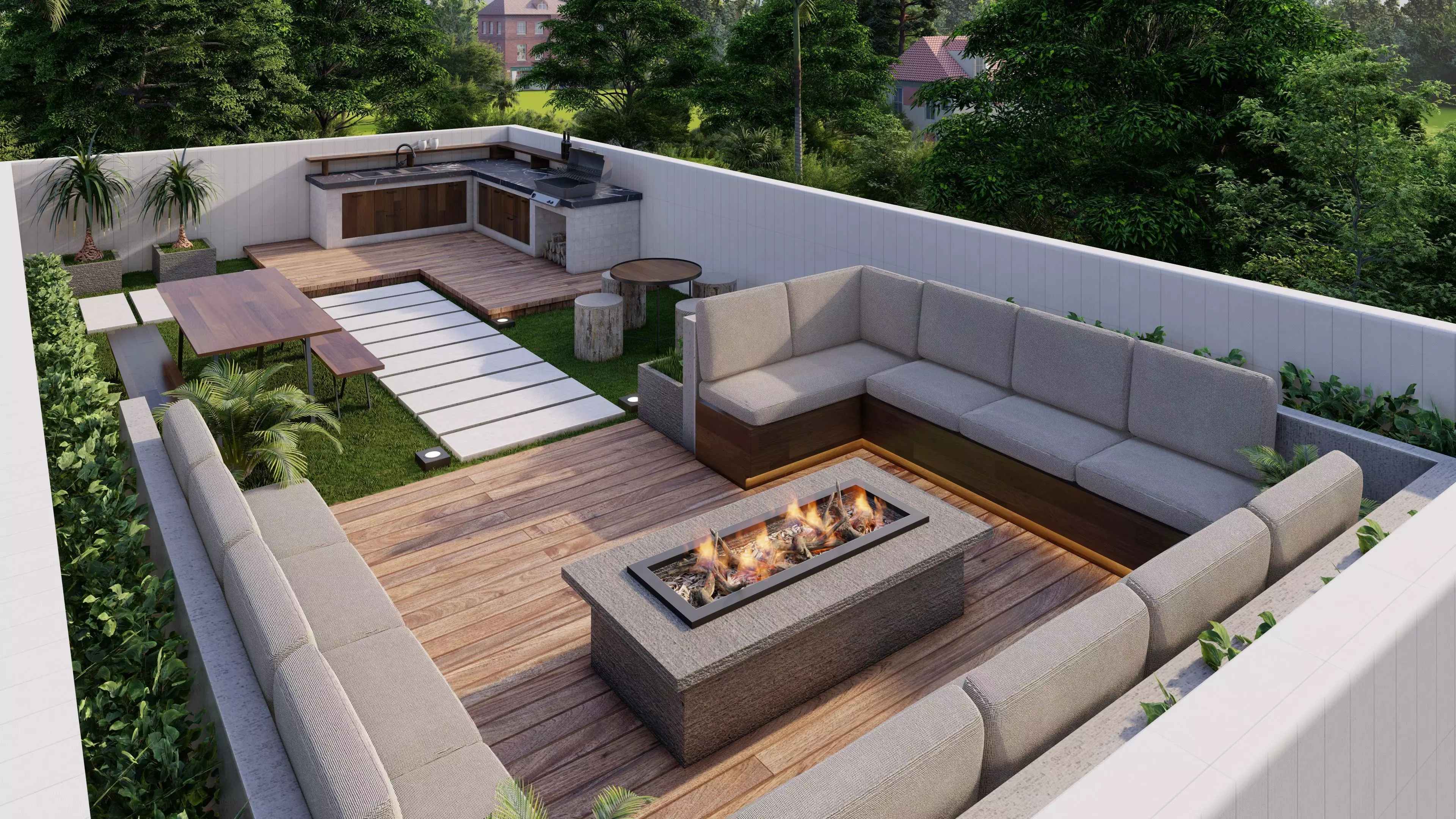 Modern Rooftop Garden with BBQ-Fire Pit 3D model