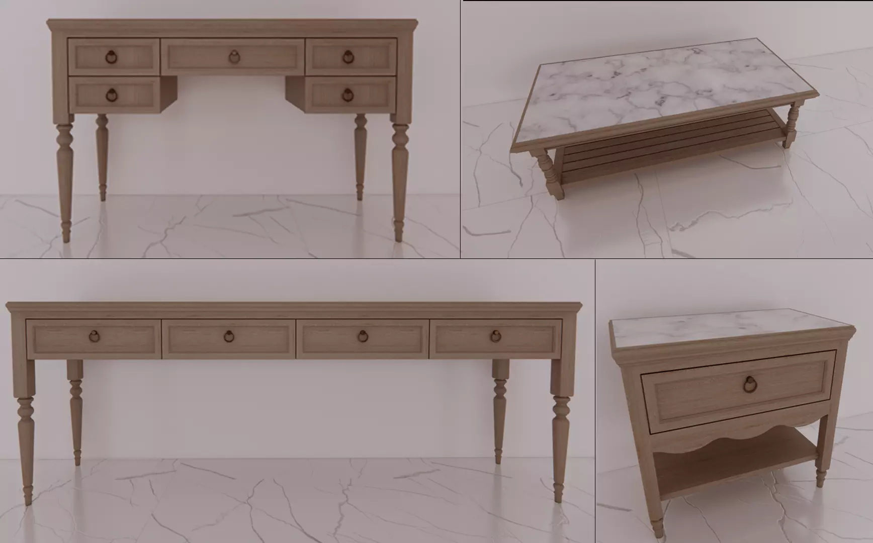 Classic Wooden Console Table With Marble Top Set 3D model