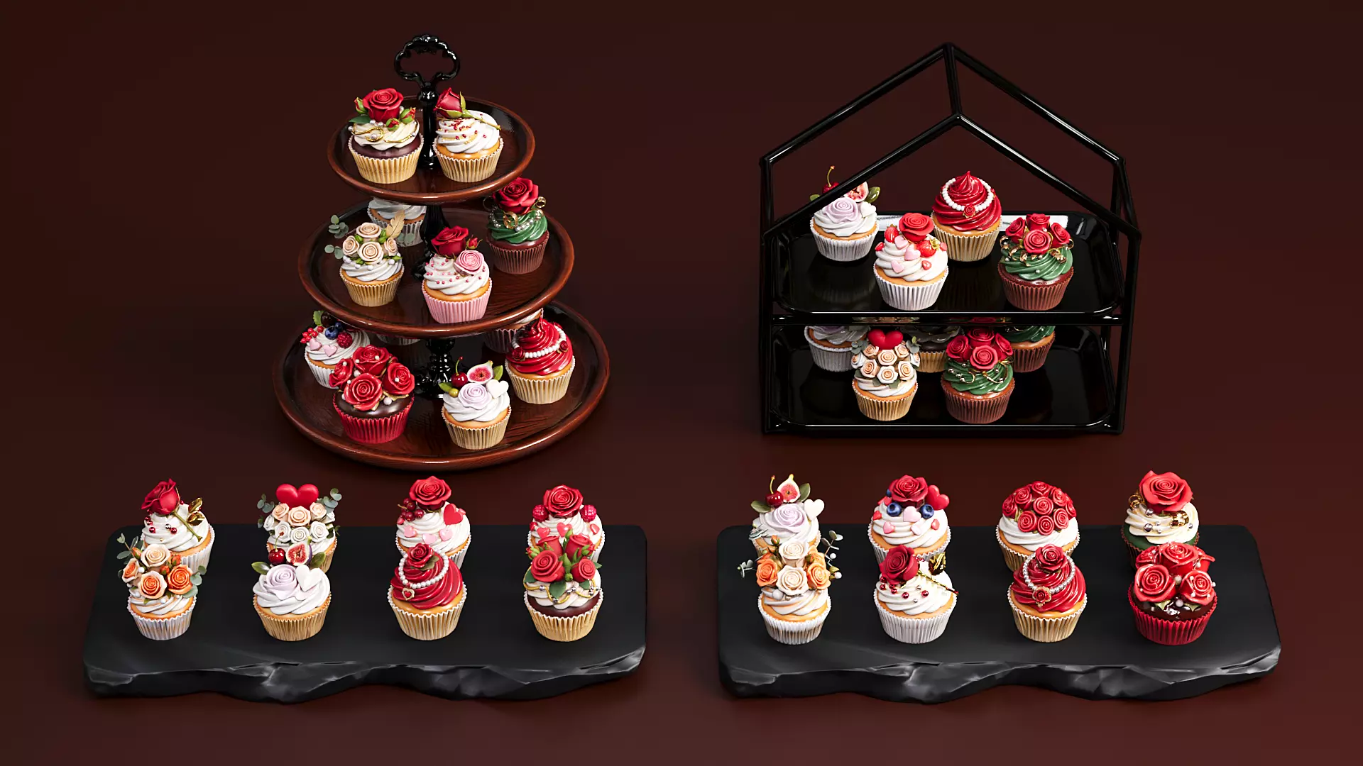 Valentine Day rose themed cupcake 3D model