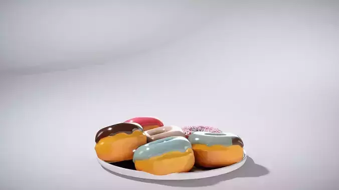 Colorful Glazed Donuts on White Plate Low-poly 3D model 2