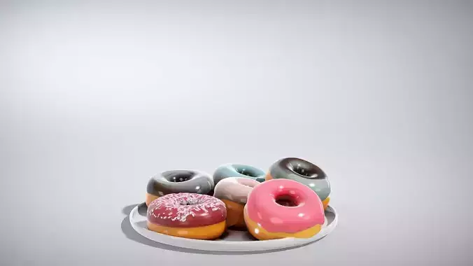 Colorful Glazed Donuts on White Plate Low-poly 3D model 3