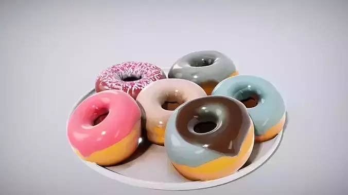 Colorful Glazed Donuts on White Plate Low-poly 3D model