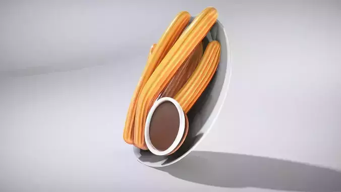 Golden Churros with Chocolate Sauce Low-poly 3D model 2
