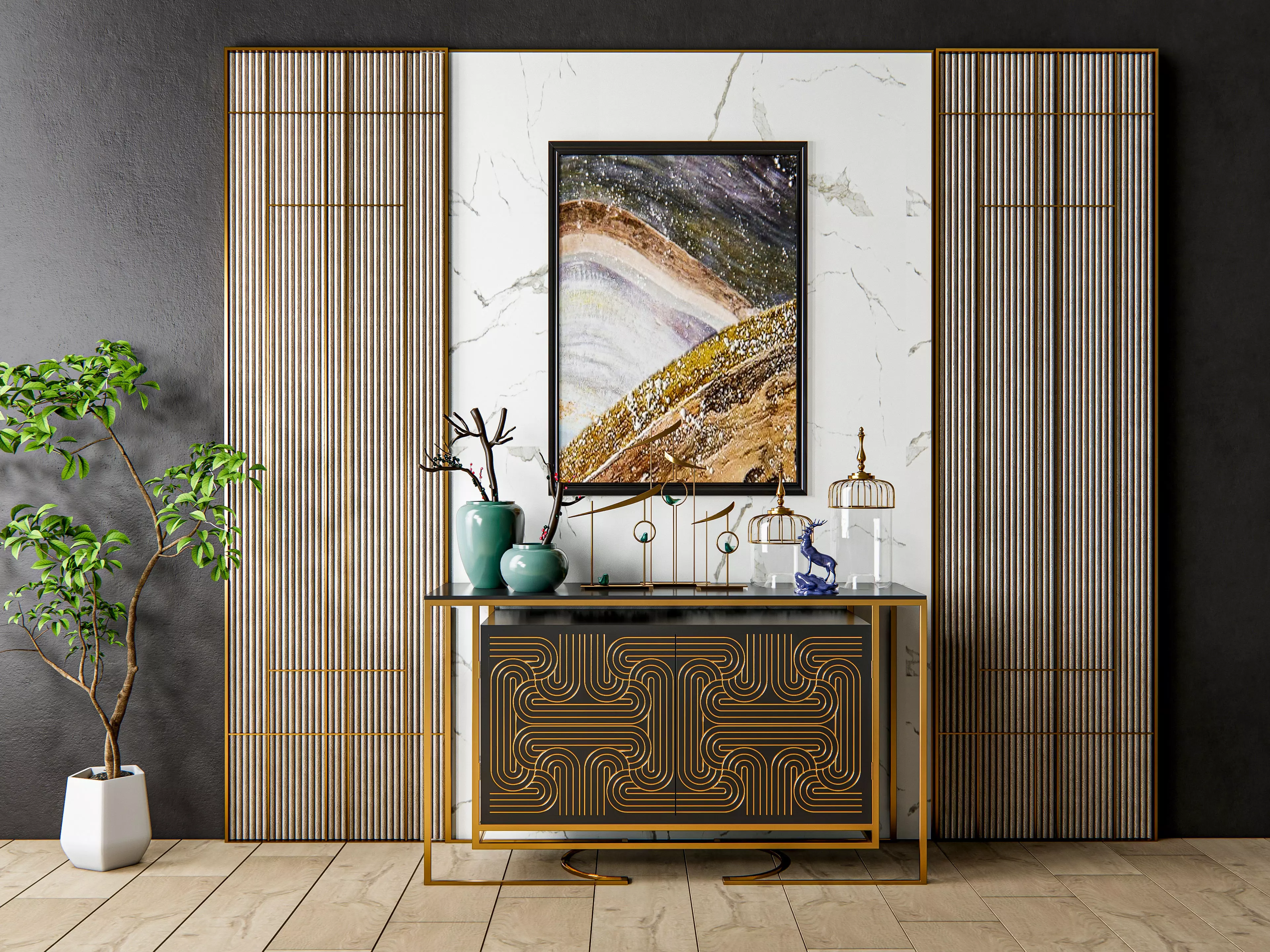 Sideboard with wall panel and flooring 6 3D model
